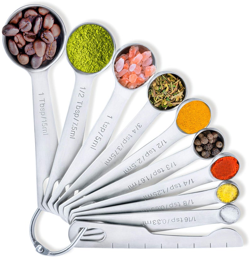 BALCI - 9 Measuring Spoons, Heavy Duty 18/8 Premium Stainless Steel Measuring Spoons Set, Spoons with US and Metric Measurements, Set of 9 + Leveler, Measuring tools for Dry and Liquid Ingredients - Image 1